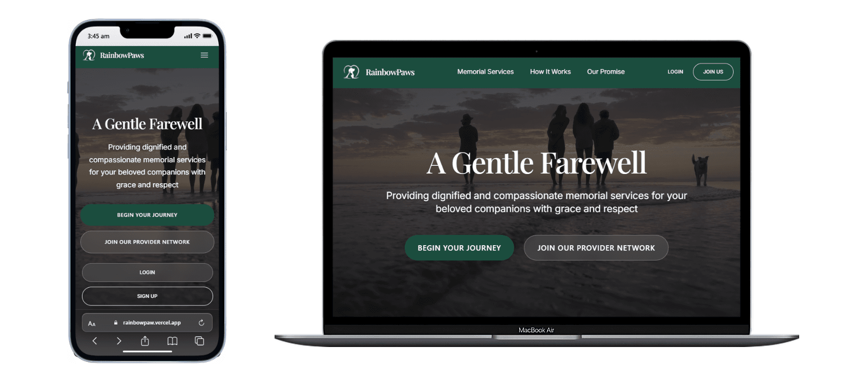 RainbowPaws responsive design showcase showing mobile and desktop views